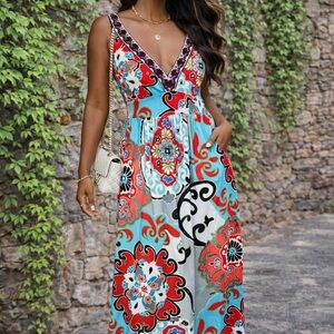 HALE BOB Blue and Red Tropical Print Maxi Dress, S